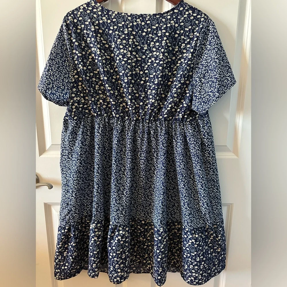 Classic Navy Floral Modest Midi Dress Feminine Church Teacher Style 1XL - Picture 4 of 7